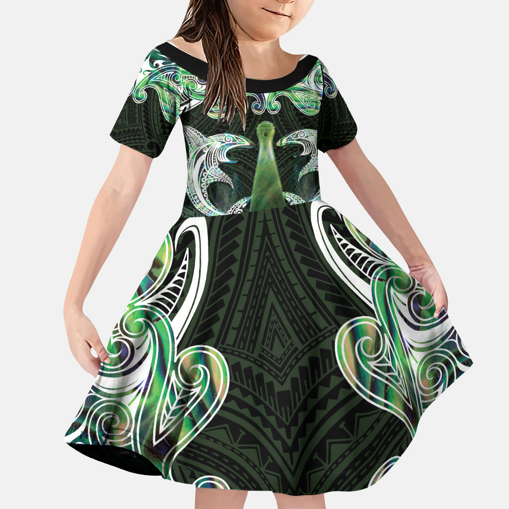 New Zealand Mere Pounamu Weapon Family Matching Off The Shoulder Long Sleeve Dress and Hawaiian Shirt Aotearoa Mango Paua Shell Maori Pattern LT22 Daughter's Dress Green - Polynesian Pride