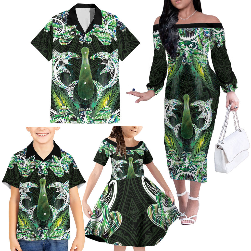 New Zealand Mere Pounamu Weapon Family Matching Off The Shoulder Long Sleeve Dress and Hawaiian Shirt Aotearoa Mango Paua Shell Maori Pattern LT22 - Polynesian Pride