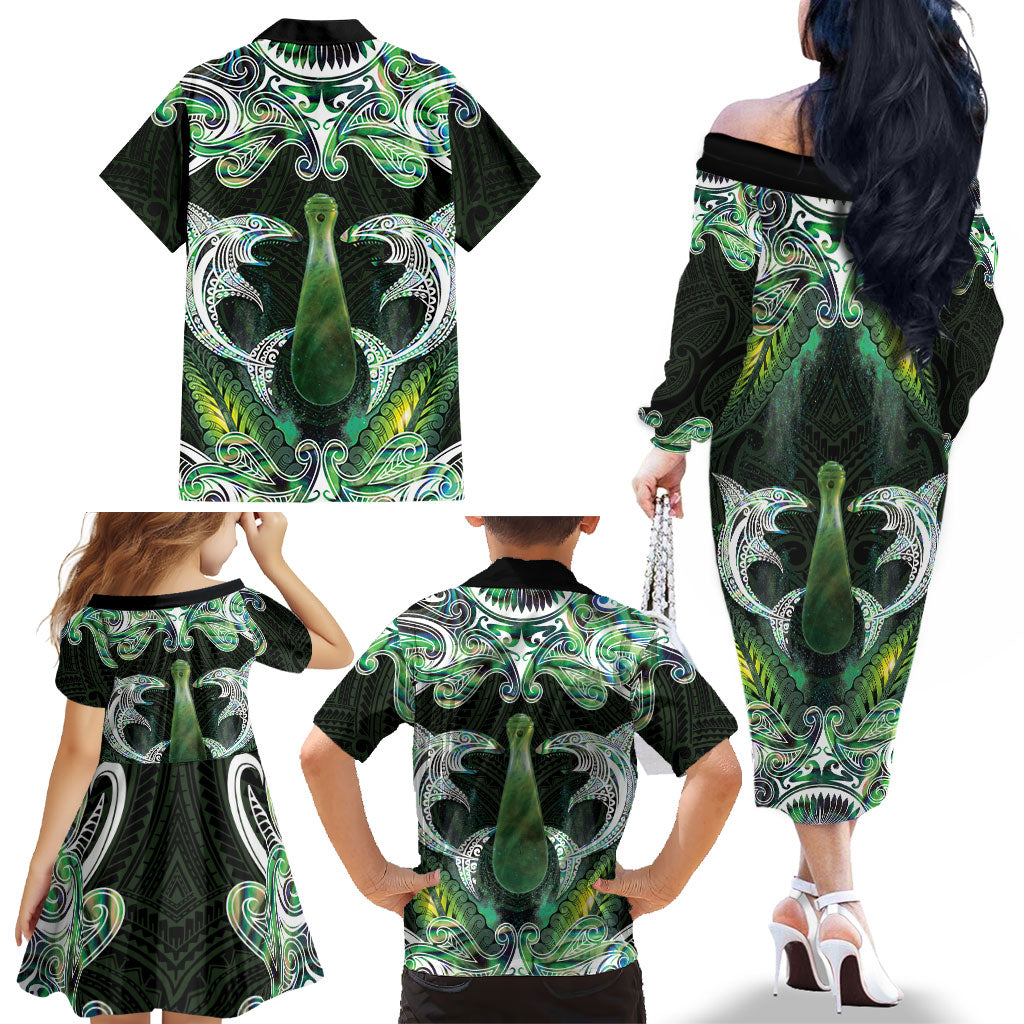 New Zealand Mere Pounamu Weapon Family Matching Off The Shoulder Long Sleeve Dress and Hawaiian Shirt Aotearoa Mango Paua Shell Maori Pattern LT22 - Polynesian Pride
