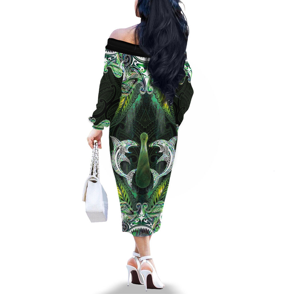 New Zealand Mere Pounamu Weapon Family Matching Off The Shoulder Long Sleeve Dress and Hawaiian Shirt Aotearoa Mango Paua Shell Maori Pattern LT22 - Polynesian Pride