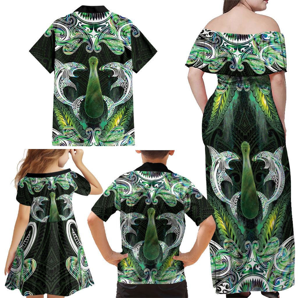 New Zealand Mere Pounamu Weapon Family Matching Off Shoulder Maxi Dress and Hawaiian Shirt Aotearoa Mango Paua Shell Maori Pattern LT22 - Polynesian Pride
