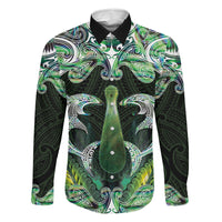 New Zealand Mere Pounamu Weapon Family Matching Off Shoulder Maxi Dress and Hawaiian Shirt Aotearoa Mango Paua Shell Maori Pattern LT22 Dad's Shirt - Long Sleeve Green - Polynesian Pride