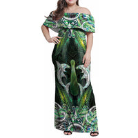New Zealand Mere Pounamu Weapon Family Matching Off Shoulder Maxi Dress and Hawaiian Shirt Aotearoa Mango Paua Shell Maori Pattern LT22 Mom's Dress Green - Polynesian Pride