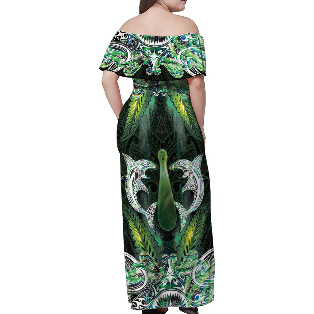 New Zealand Mere Pounamu Weapon Family Matching Off Shoulder Maxi Dress and Hawaiian Shirt Aotearoa Mango Paua Shell Maori Pattern LT22 - Polynesian Pride
