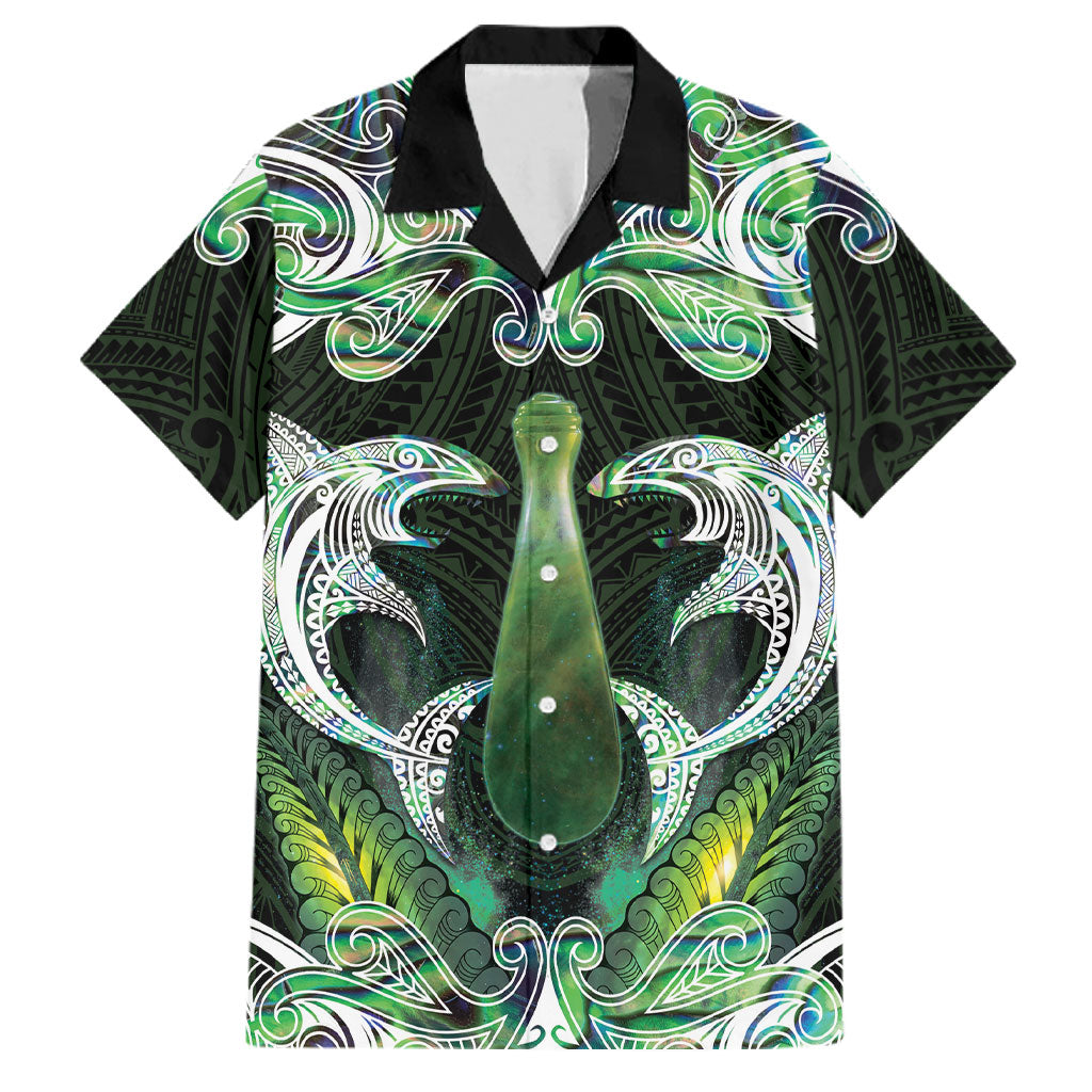 New Zealand Mere Pounamu Weapon Family Matching Off Shoulder Short Dress and Hawaiian Shirt Aotearoa Mango Paua Shell Maori Pattern LT22 Dad's Shirt - Short Sleeve Green - Polynesian Pride