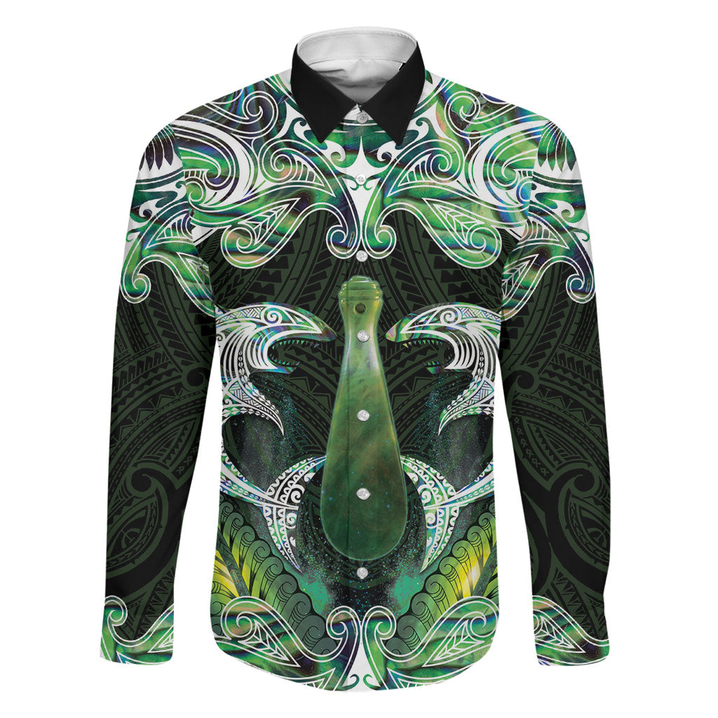 New Zealand Mere Pounamu Weapon Family Matching Off Shoulder Short Dress and Hawaiian Shirt Aotearoa Mango Paua Shell Maori Pattern LT22 Dad's Shirt - Long Sleeve Green - Polynesian Pride