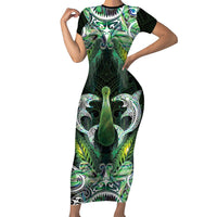 New Zealand Mere Pounamu Weapon Family Matching Short Sleeve Bodycon Dress and Hawaiian Shirt Aotearoa Mango Paua Shell Maori Pattern LT22 Mom's Dress Green - Polynesian Pride