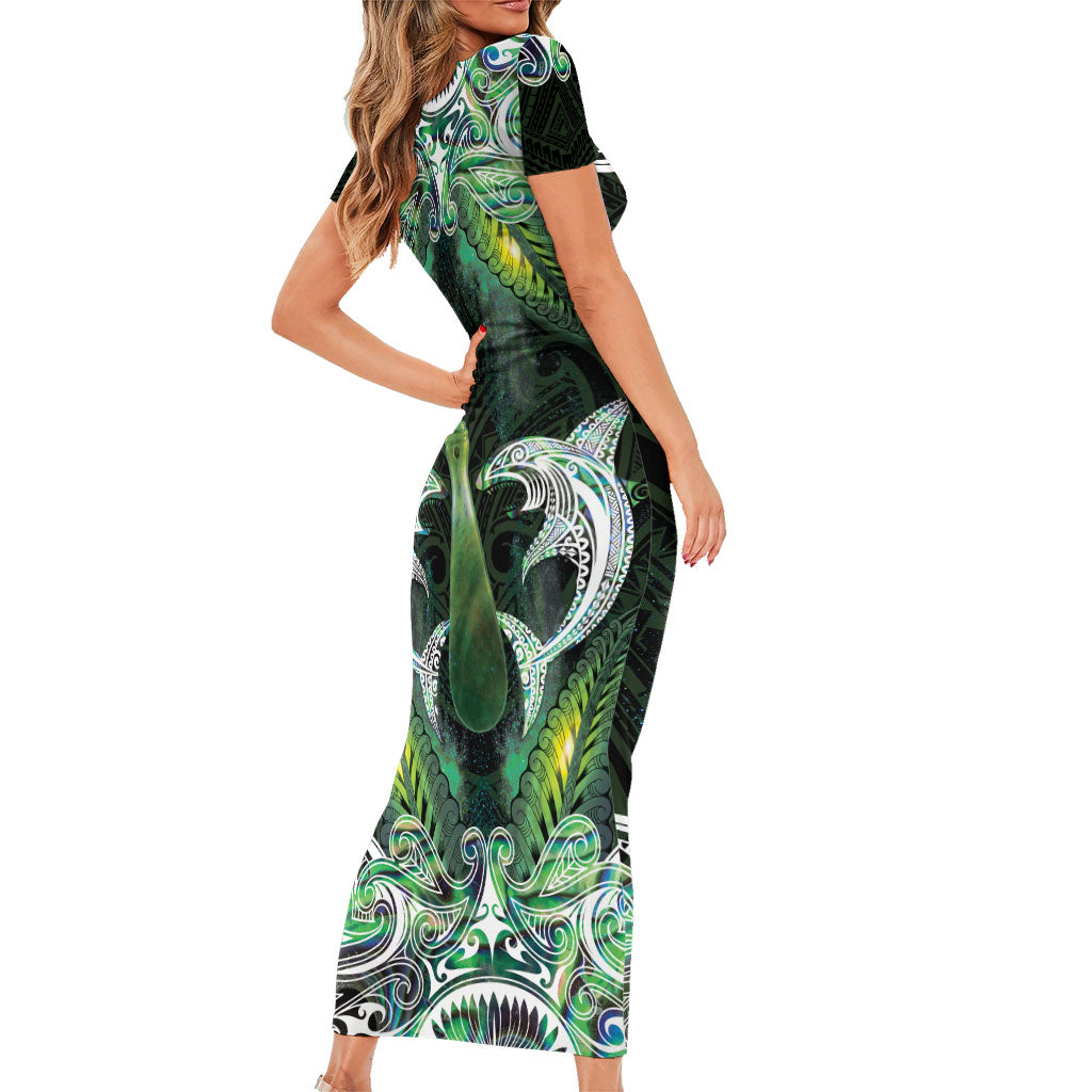 New Zealand Mere Pounamu Weapon Family Matching Short Sleeve Bodycon Dress and Hawaiian Shirt Aotearoa Mango Paua Shell Maori Pattern LT22 - Polynesian Pride