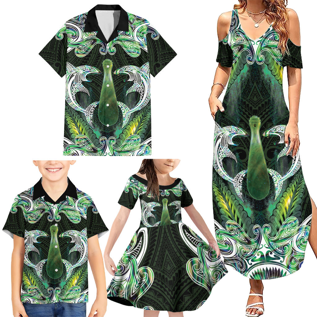 New Zealand Mere Pounamu Weapon Family Matching Summer Maxi Dress and Hawaiian Shirt Aotearoa Mango Paua Shell Maori Pattern LT22 - Polynesian Pride