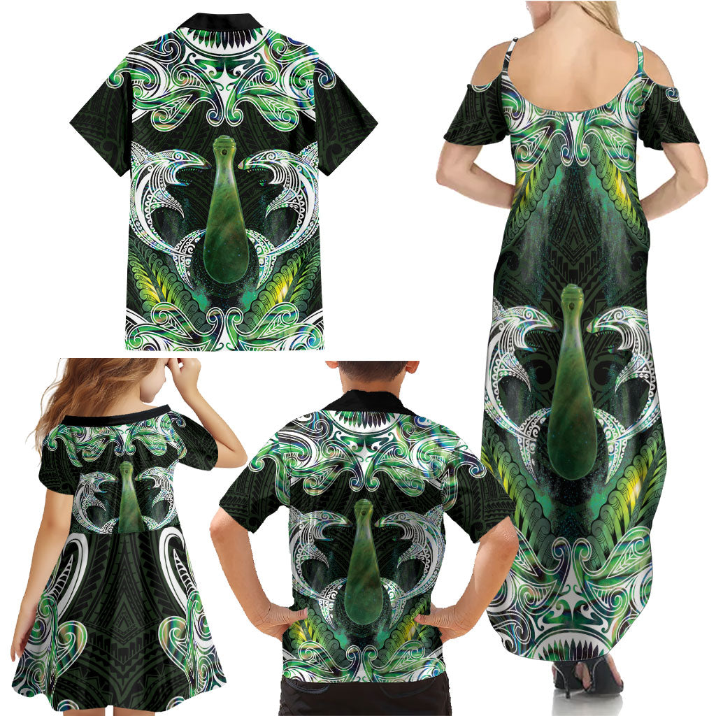 New Zealand Mere Pounamu Weapon Family Matching Summer Maxi Dress and Hawaiian Shirt Aotearoa Mango Paua Shell Maori Pattern LT22 - Polynesian Pride