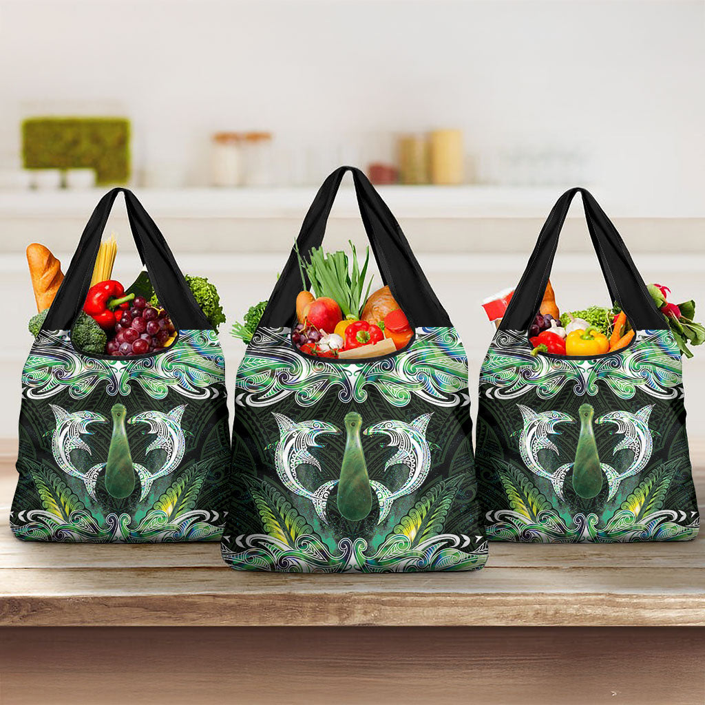 New Zealand Mere Pounamu Weapon Grocery Bag Aotearoa Mango Paua Shell Maori Pattern LT22 3-pack One Size Green - Polynesian Pride