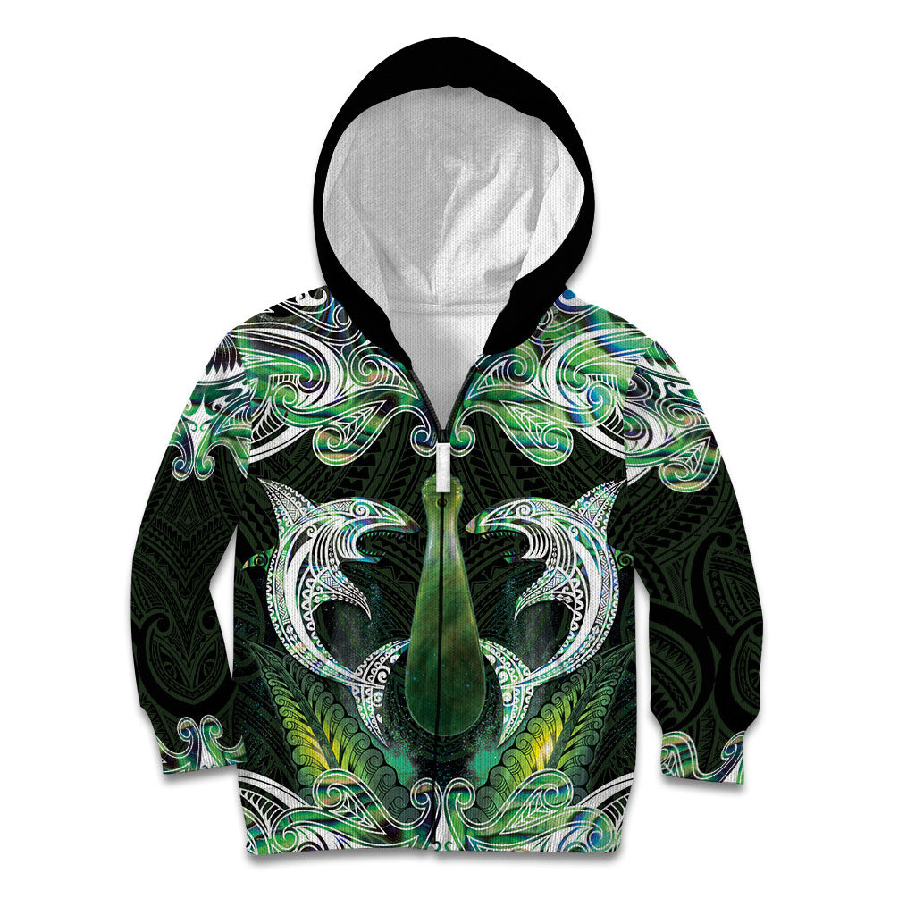 New Zealand Mere Pounamu Weapon Kid Hoodie Aotearoa Mango Paua Shell Maori Pattern LT22 Zip Hoodie Green - Polynesian Pride