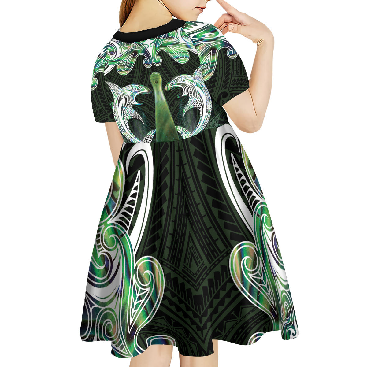 New Zealand Mere Pounamu Weapon Kid Short Sleeve Dress Aotearoa Mango Paua Shell Maori Pattern LT22 - Polynesian Pride
