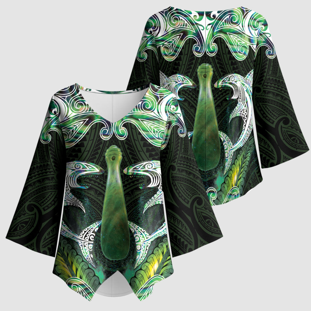 New Zealand Mere Pounamu Weapon Kimono Sleeve Blouse Aotearoa Mango Paua Shell Maori Pattern LT22 - Polynesian Pride
