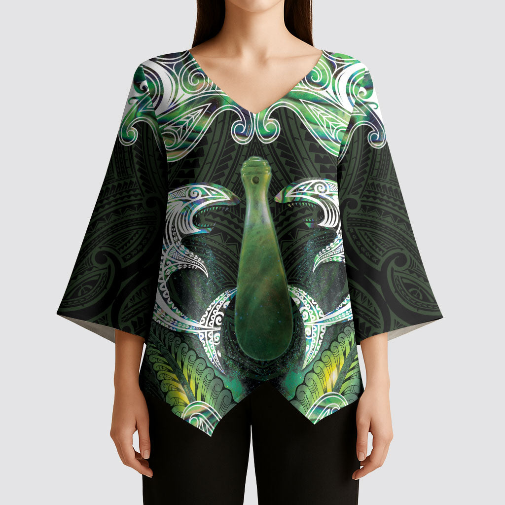 New Zealand Mere Pounamu Weapon Kimono Sleeve Blouse Aotearoa Mango Paua Shell Maori Pattern LT22 - Polynesian Pride
