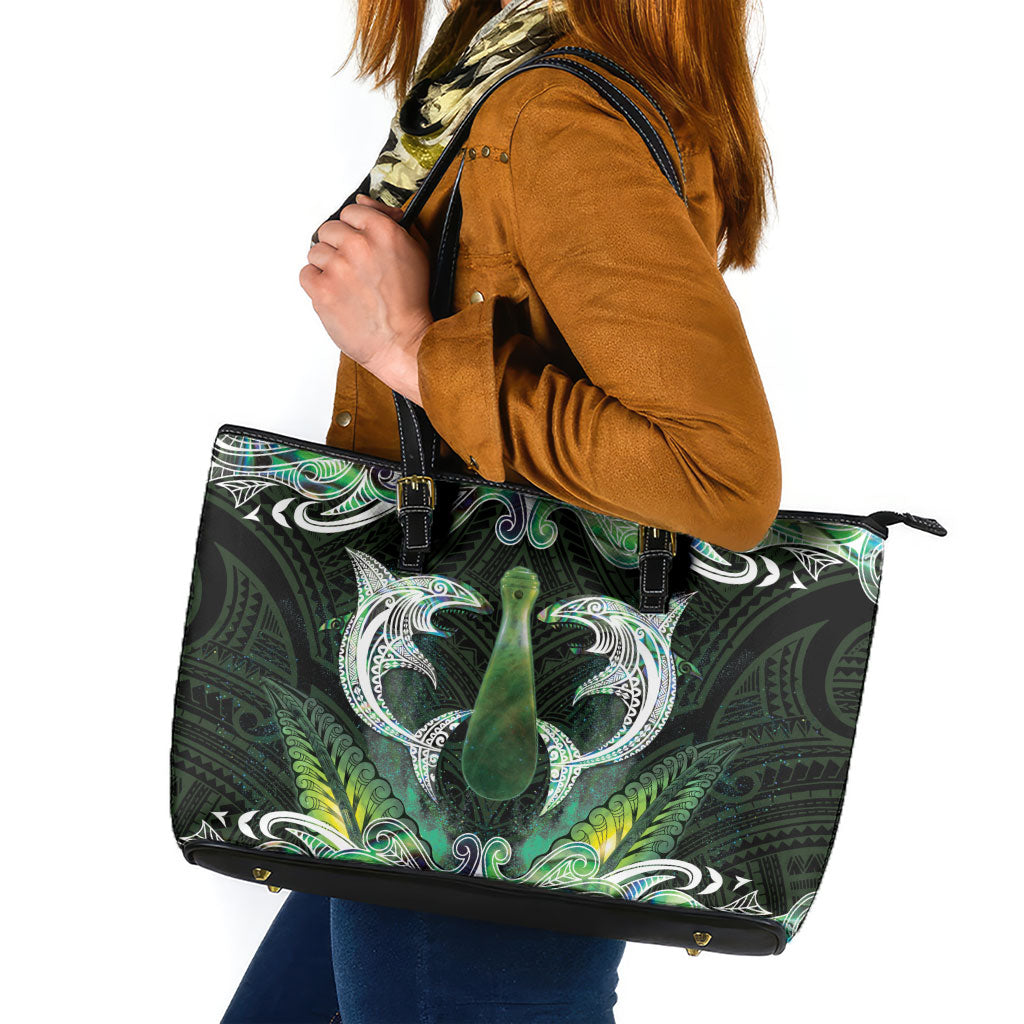 New Zealand Mere Pounamu Weapon Leather Tote Bag Aotearoa Mango Paua Shell Maori Pattern LT22 Green - Polynesian Pride