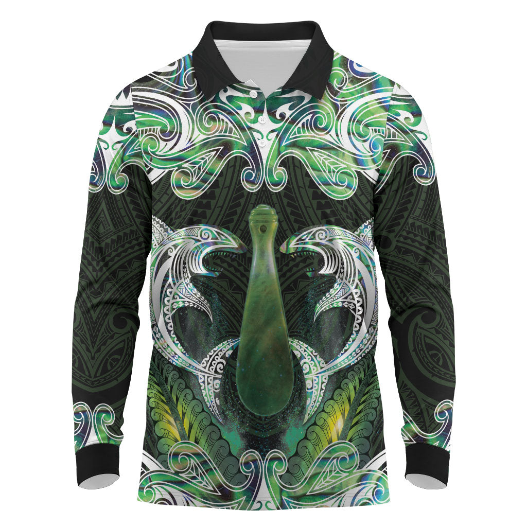New Zealand Mere Pounamu Weapon Long Sleeve Polo Shirt Aotearoa Mango Paua Shell Maori Pattern LT22 Green - Polynesian Pride