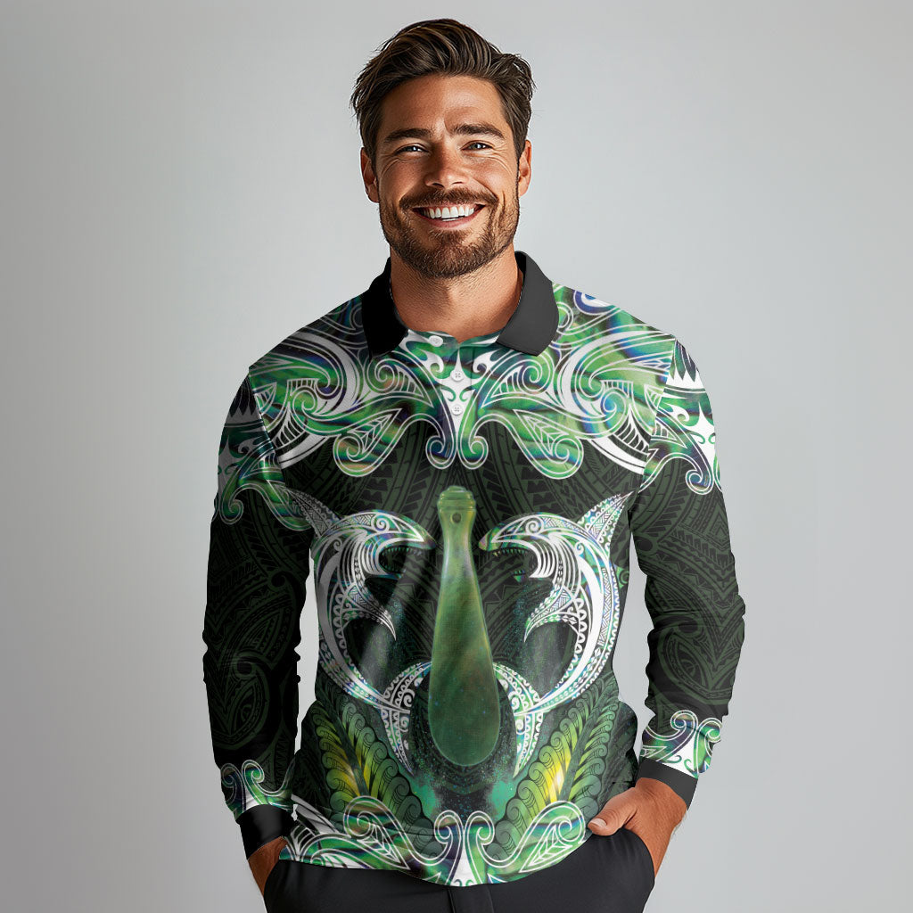 New Zealand Mere Pounamu Weapon Long Sleeve Polo Shirt Aotearoa Mango Paua Shell Maori Pattern LT22 - Polynesian Pride