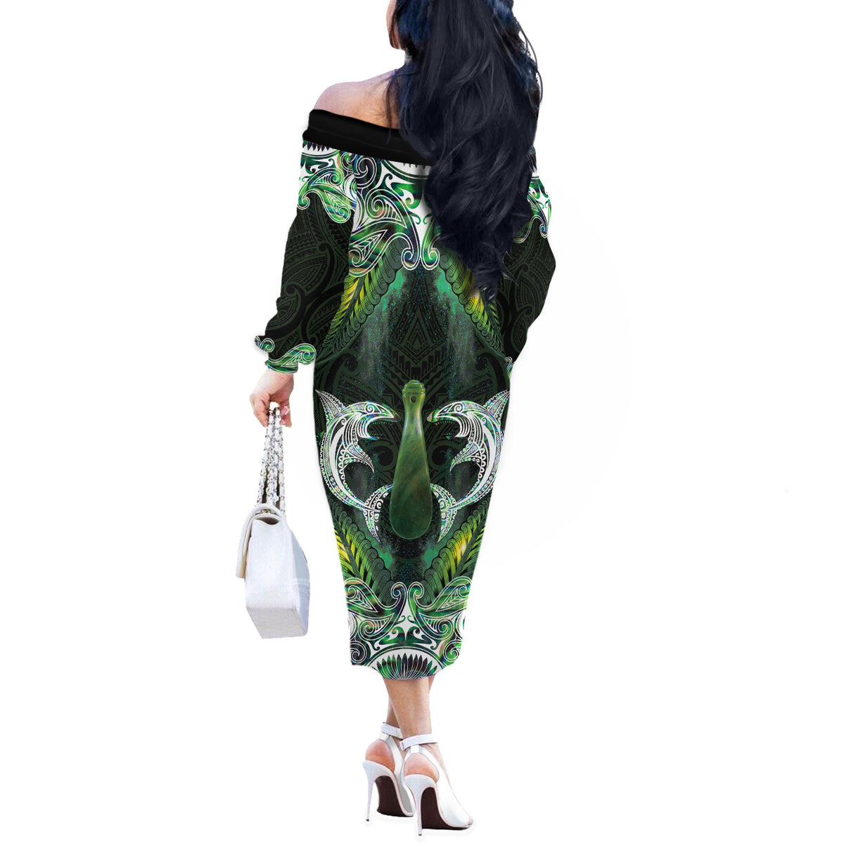 New Zealand Mere Pounamu Weapon Off The Shoulder Long Sleeve Dress Aotearoa Mango Paua Shell Maori Pattern LT22 - Polynesian Pride