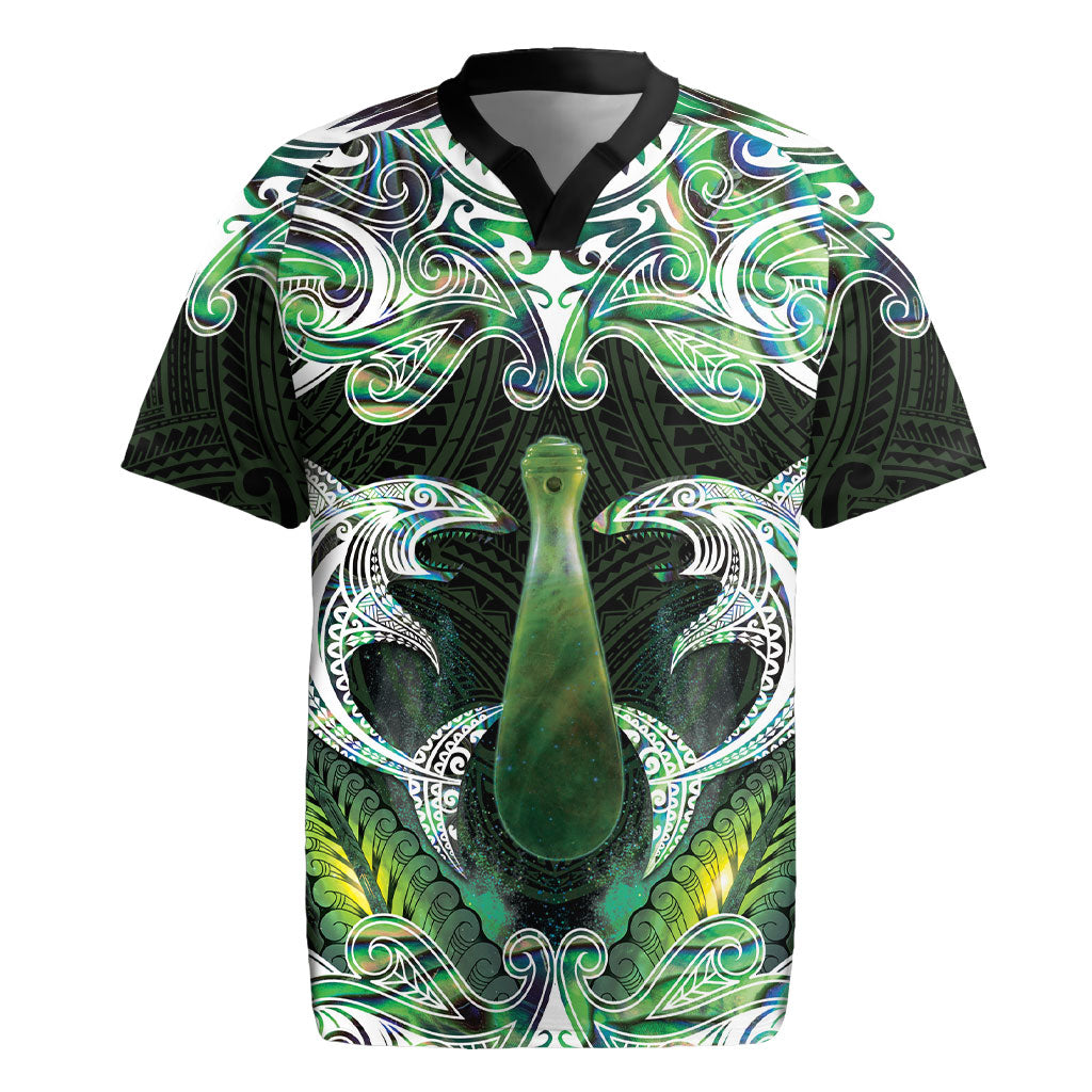 New Zealand Mere Pounamu Weapon Rugby Jersey Aotearoa Mango Paua Shell Maori Pattern LT22 Green - Polynesian Pride