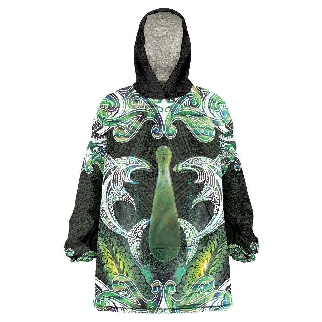 New Zealand Mere Pounamu Weapon Wearable Blanket Hoodie Aotearoa Mango Paua Shell Maori Pattern LT22 One Size Green - Polynesian Pride