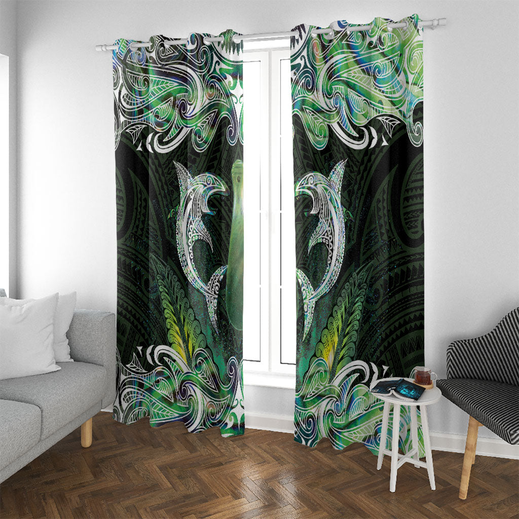 New Zealand Mere Pounamu Weapon Window Curtain Aotearoa Mango Paua Shell Maori Pattern LT22 With Grommets Green - Polynesian Pride