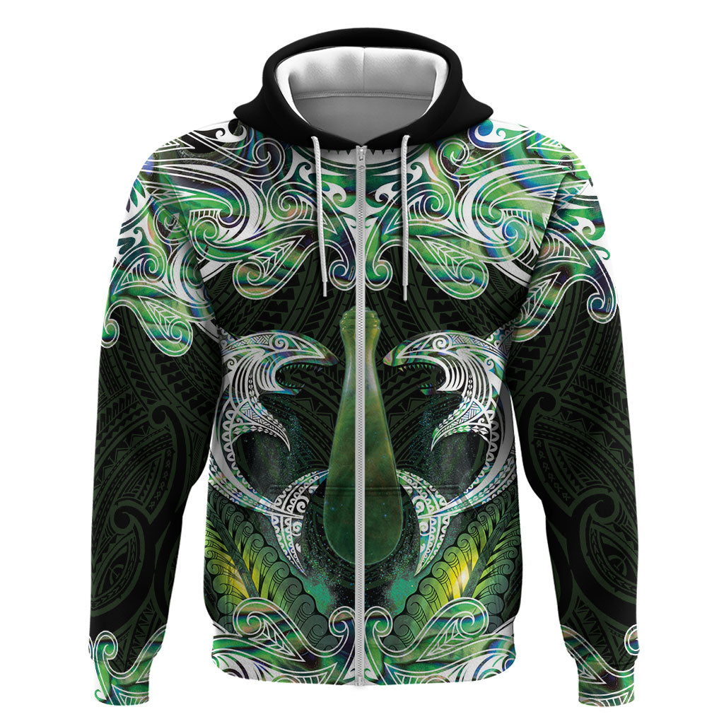 New Zealand Mere Pounamu Weapon Zip Hoodie Aotearoa Mango Paua Shell Maori Pattern LT22 Zip Hoodie Green - Polynesian Pride