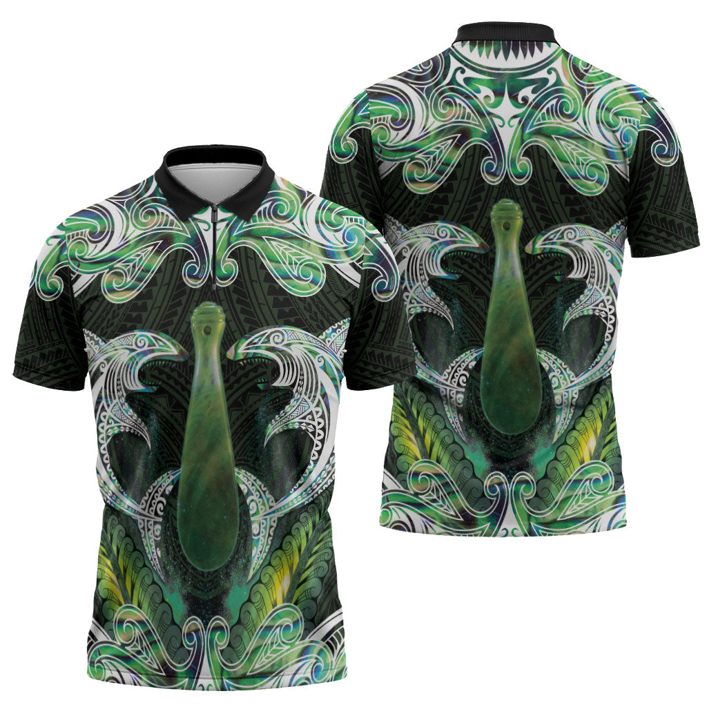 New Zealand Mere Pounamu Weapon Zipper Polo Shirt Aotearoa Mango Paua Shell Maori Pattern LT22 - Polynesian Pride