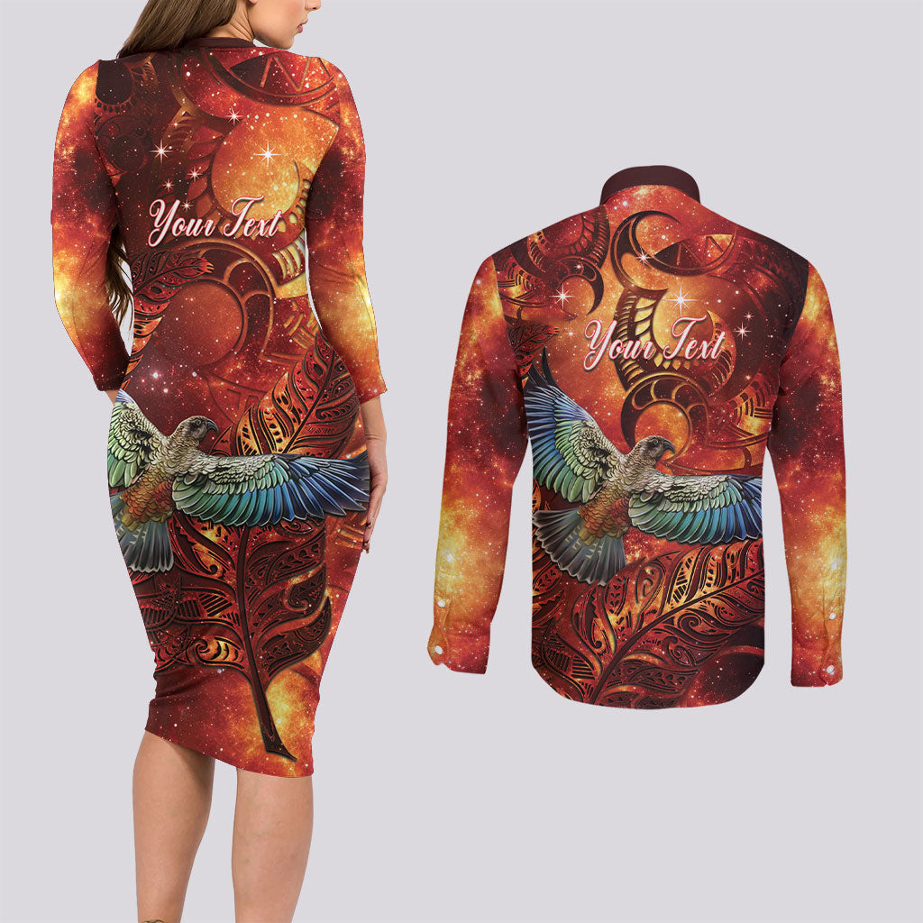 New Zealand Kea Bird Matariki Personalised Couples Matching Long Sleeve Bodycon Dress and Long Sleeve Button Shirt Silver Fern Maori Pattern LT22 - Polynesian Pride