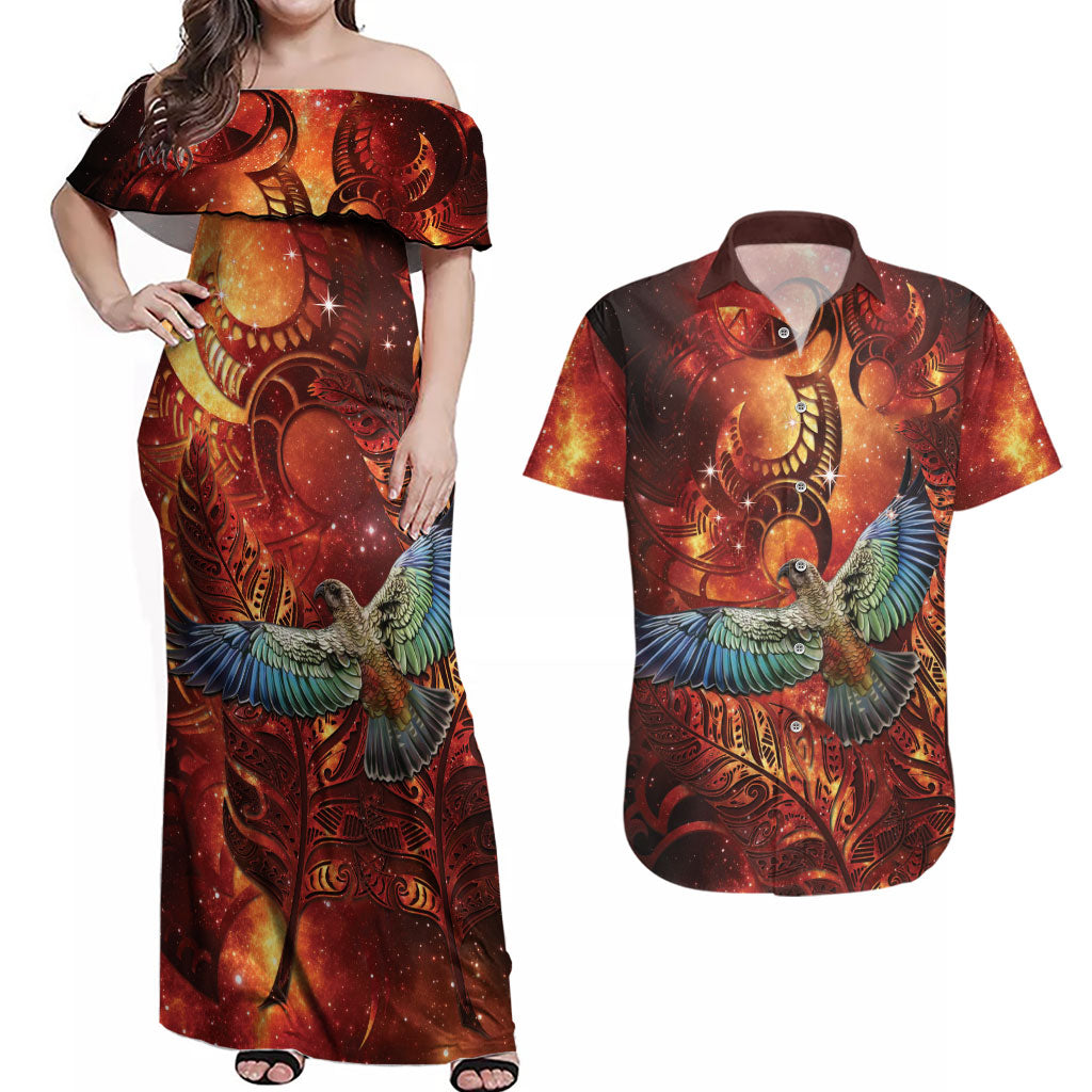 New Zealand Kea Bird Matariki Personalised Couples Matching Off Shoulder Maxi Dress and Hawaiian Shirt Silver Fern Maori Pattern LT22 Orange - Polynesian Pride