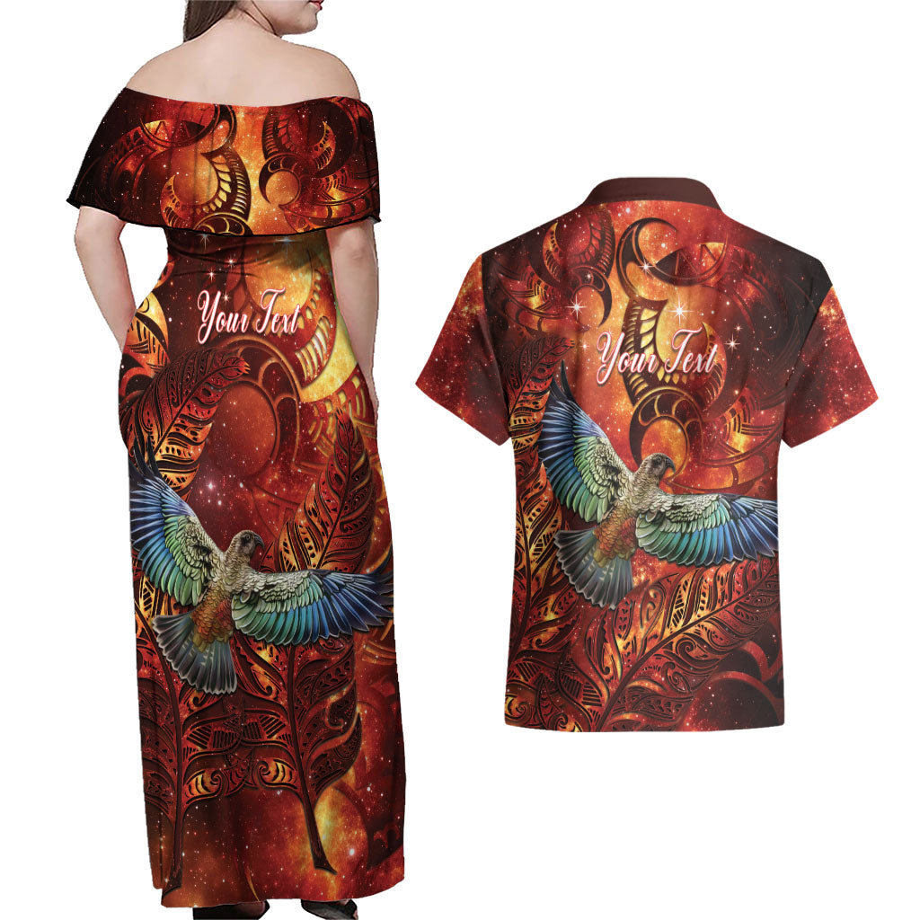 New Zealand Kea Bird Matariki Personalised Couples Matching Off Shoulder Maxi Dress and Hawaiian Shirt Silver Fern Maori Pattern LT22 - Polynesian Pride