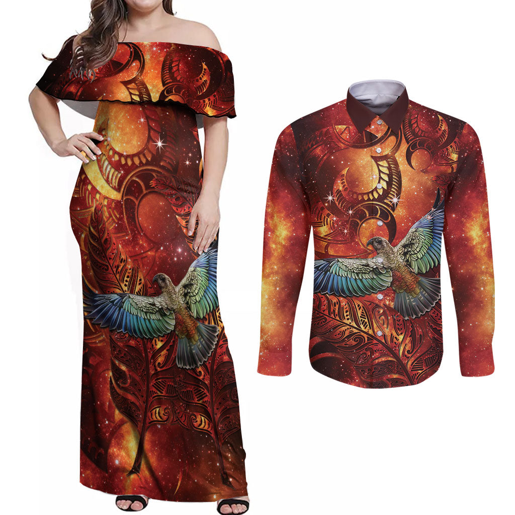 New Zealand Kea Bird Matariki Personalised Couples Matching Off Shoulder Maxi Dress and Long Sleeve Button Shirt Silver Fern Maori Pattern LT22 Orange - Polynesian Pride