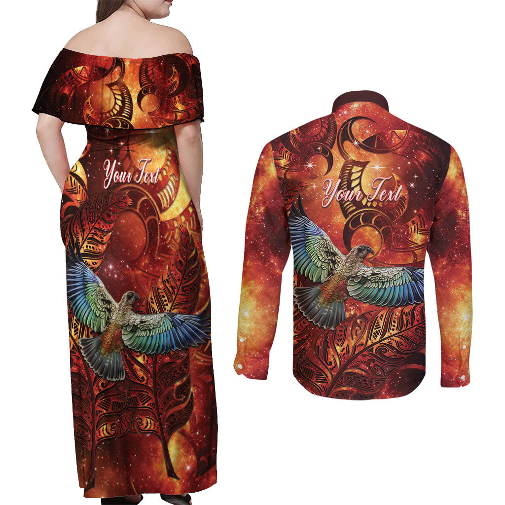 New Zealand Kea Bird Matariki Personalised Couples Matching Off Shoulder Maxi Dress and Long Sleeve Button Shirt Silver Fern Maori Pattern LT22 - Polynesian Pride