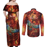 New Zealand Kea Bird Matariki Personalised Couples Matching Off Shoulder Maxi Dress and Long Sleeve Button Shirt Silver Fern Maori Pattern LT22 - Polynesian Pride