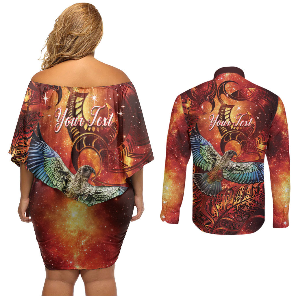 New Zealand Kea Bird Matariki Personalised Couples Matching Off Shoulder Short Dress and Long Sleeve Button Shirt Silver Fern Maori Pattern LT22 - Polynesian Pride