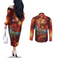 New Zealand Kea Bird Matariki Personalised Couples Matching Off The Shoulder Long Sleeve Dress and Long Sleeve Button Shirt Silver Fern Maori Pattern LT22 - Polynesian Pride