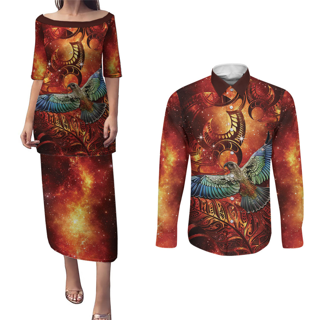 New Zealand Kea Bird Matariki Personalised Couples Matching Puletasi and Long Sleeve Button Shirt Silver Fern Maori Pattern LT22 Orange - Polynesian Pride