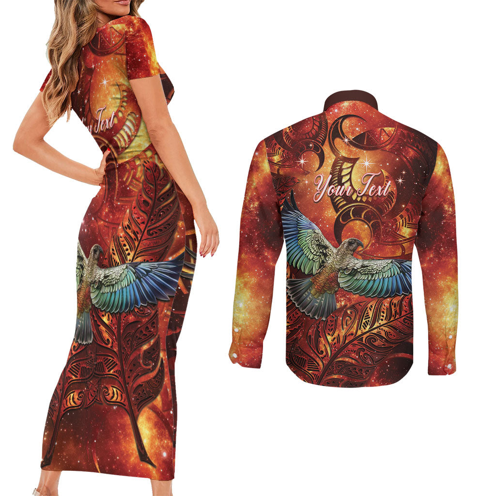 New Zealand Kea Bird Matariki Personalised Couples Matching Short Sleeve Bodycon Dress and Long Sleeve Button Shirt Silver Fern Maori Pattern LT22 - Polynesian Pride