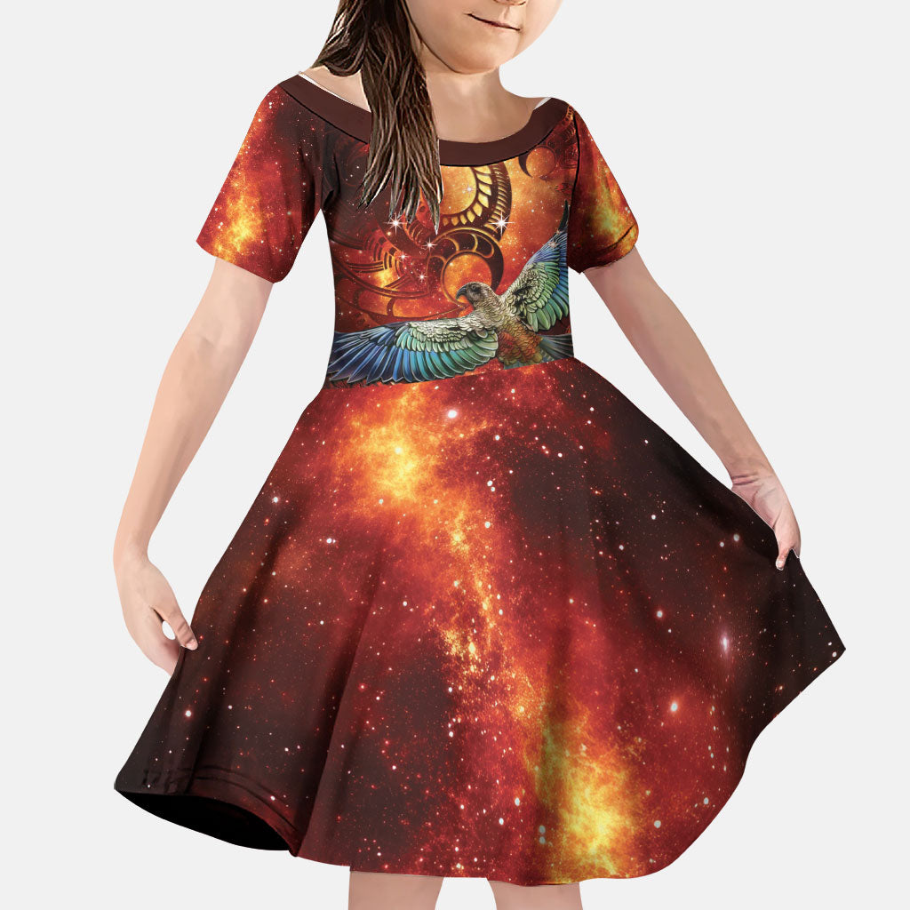 New Zealand Kea Bird Matariki Personalised Family Matching Long Sleeve Bodycon Dress and Hawaiian Shirt Silver Fern Maori Pattern LT22 Daughter's Dress Orange - Polynesian Pride