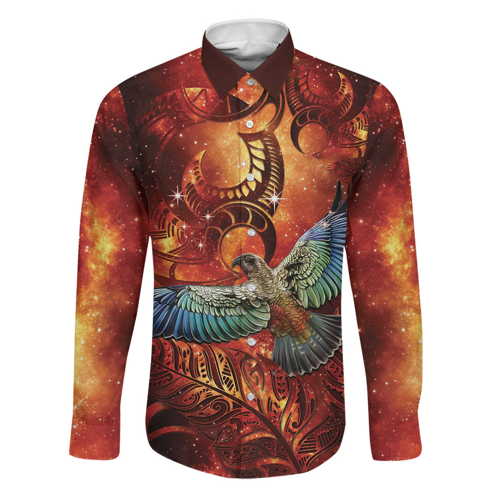 New Zealand Kea Bird Matariki Personalised Family Matching Long Sleeve Bodycon Dress and Hawaiian Shirt Silver Fern Maori Pattern LT22 Dad's Shirt - Long Sleeve Orange - Polynesian Pride
