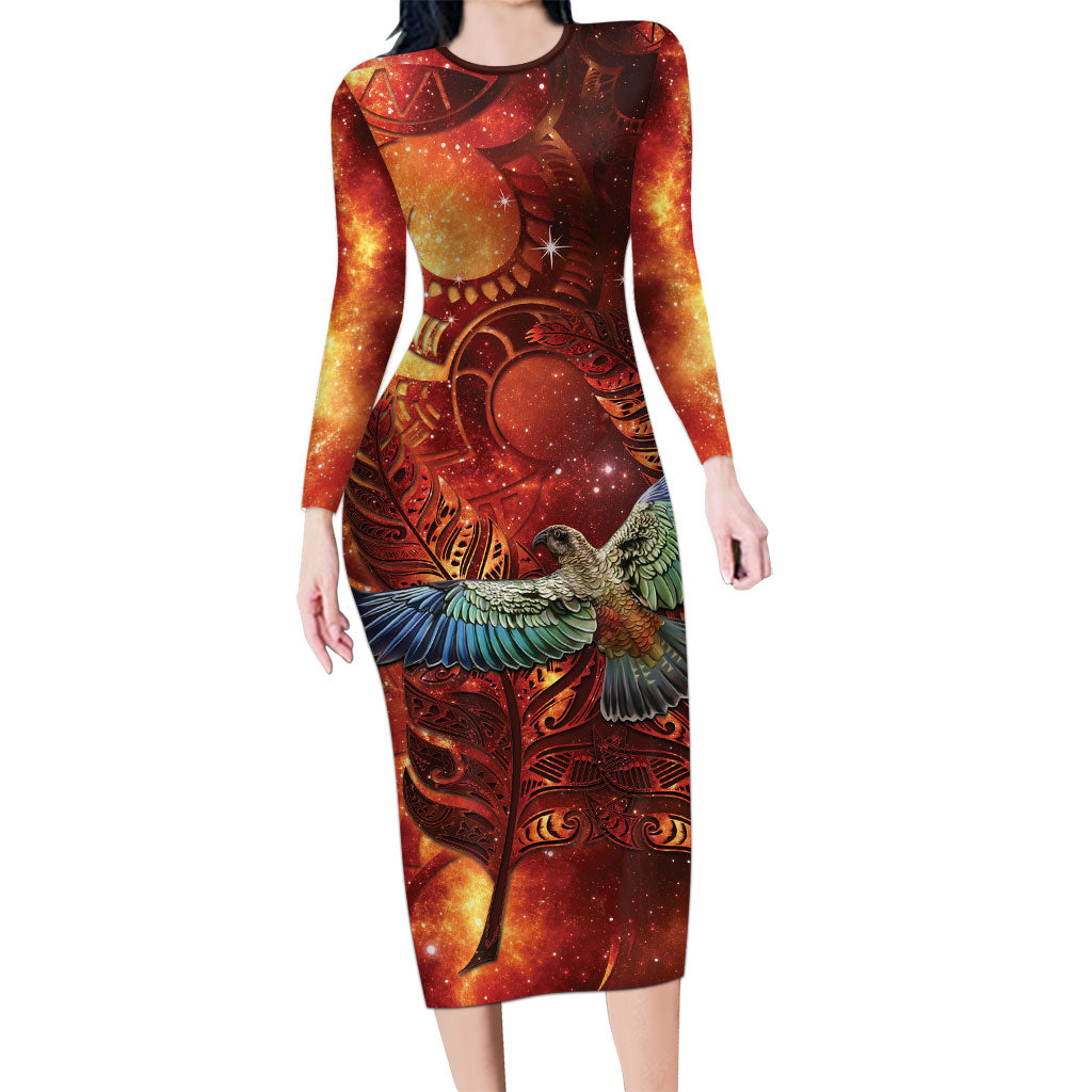 New Zealand Kea Bird Matariki Personalised Family Matching Long Sleeve Bodycon Dress and Hawaiian Shirt Silver Fern Maori Pattern LT22 Mom's Dress Orange - Polynesian Pride