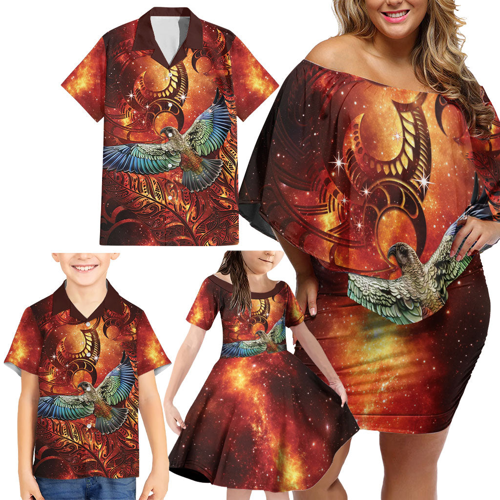 New Zealand Kea Bird Matariki Personalised Family Matching Off Shoulder Short Dress and Hawaiian Shirt Silver Fern Maori Pattern