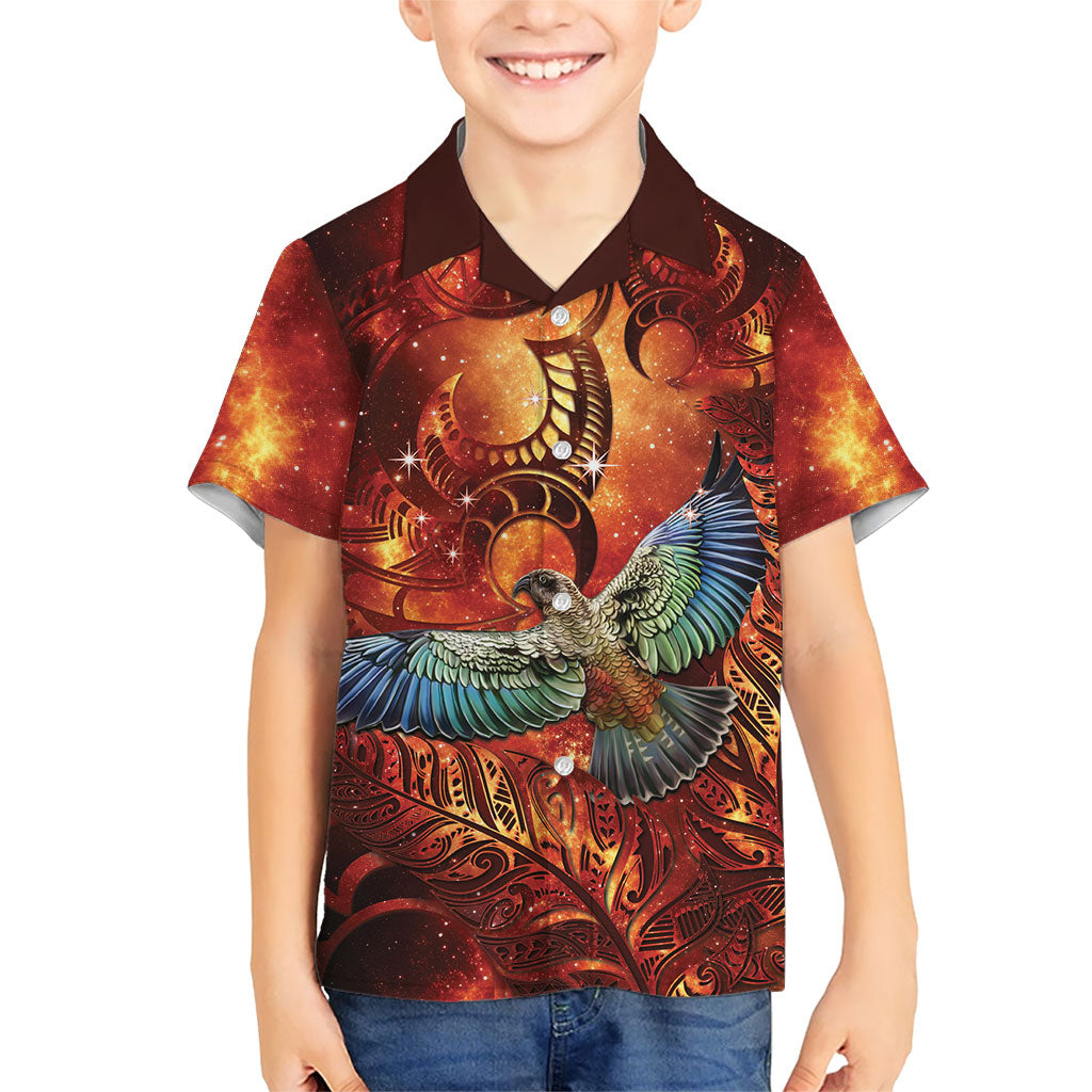 New Zealand Kea Bird Matariki Personalised Family Matching Off Shoulder Short Dress and Hawaiian Shirt Silver Fern Maori Pattern LT22 Son's Shirt Orange - Polynesian Pride