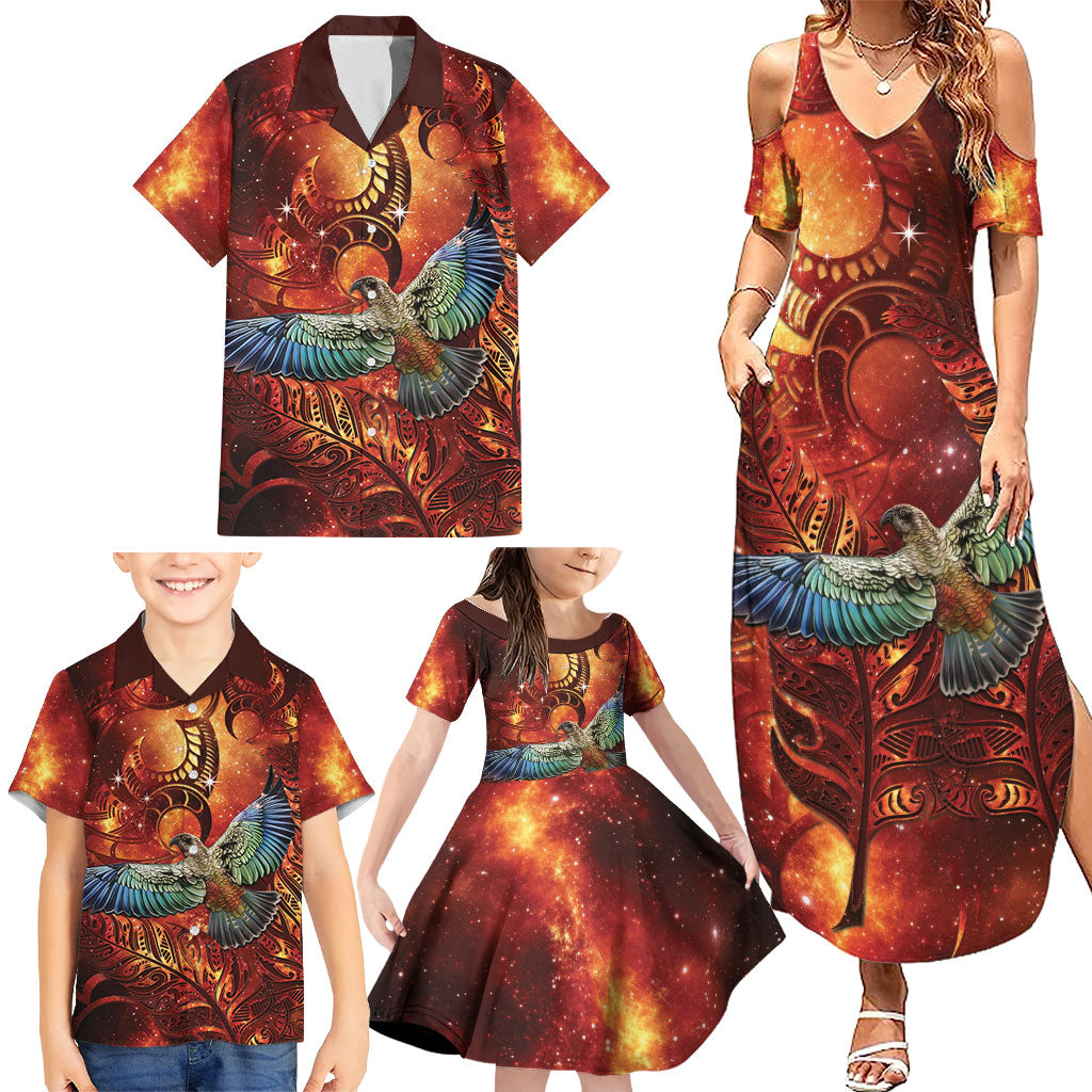New Zealand Kea Bird Matariki Personalised Family Matching Summer Maxi Dress and Hawaiian Shirt Silver Fern Maori Pattern