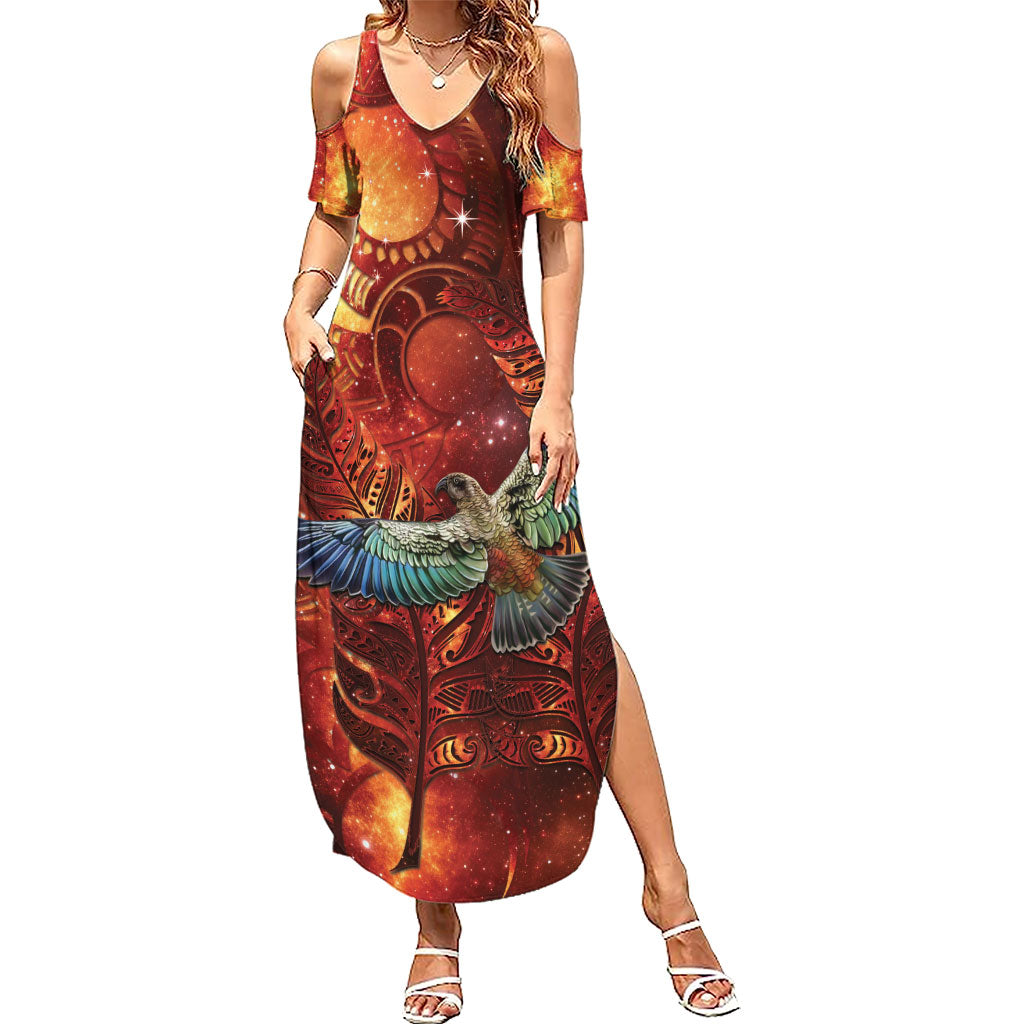 New Zealand Kea Bird Matariki Personalised Family Matching Summer Maxi Dress and Hawaiian Shirt Silver Fern Maori Pattern LT22 Mom's Dress Orange - Polynesian Pride