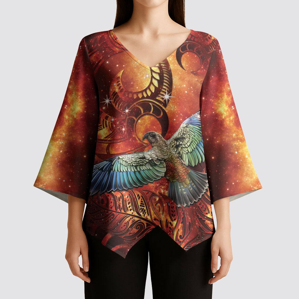 New Zealand Kea Bird Matariki Personalised Kimono Sleeve Blouse Silver Fern Maori Pattern