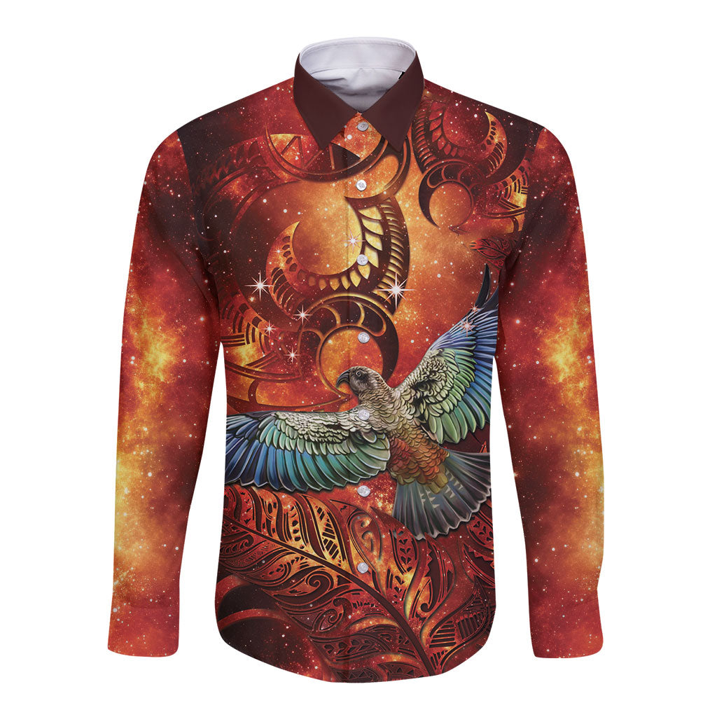 New Zealand Kea Bird Matariki Personalised Long Sleeve Button Shirt Silver Fern Maori Pattern LT22 Unisex Orange - Polynesian Pride