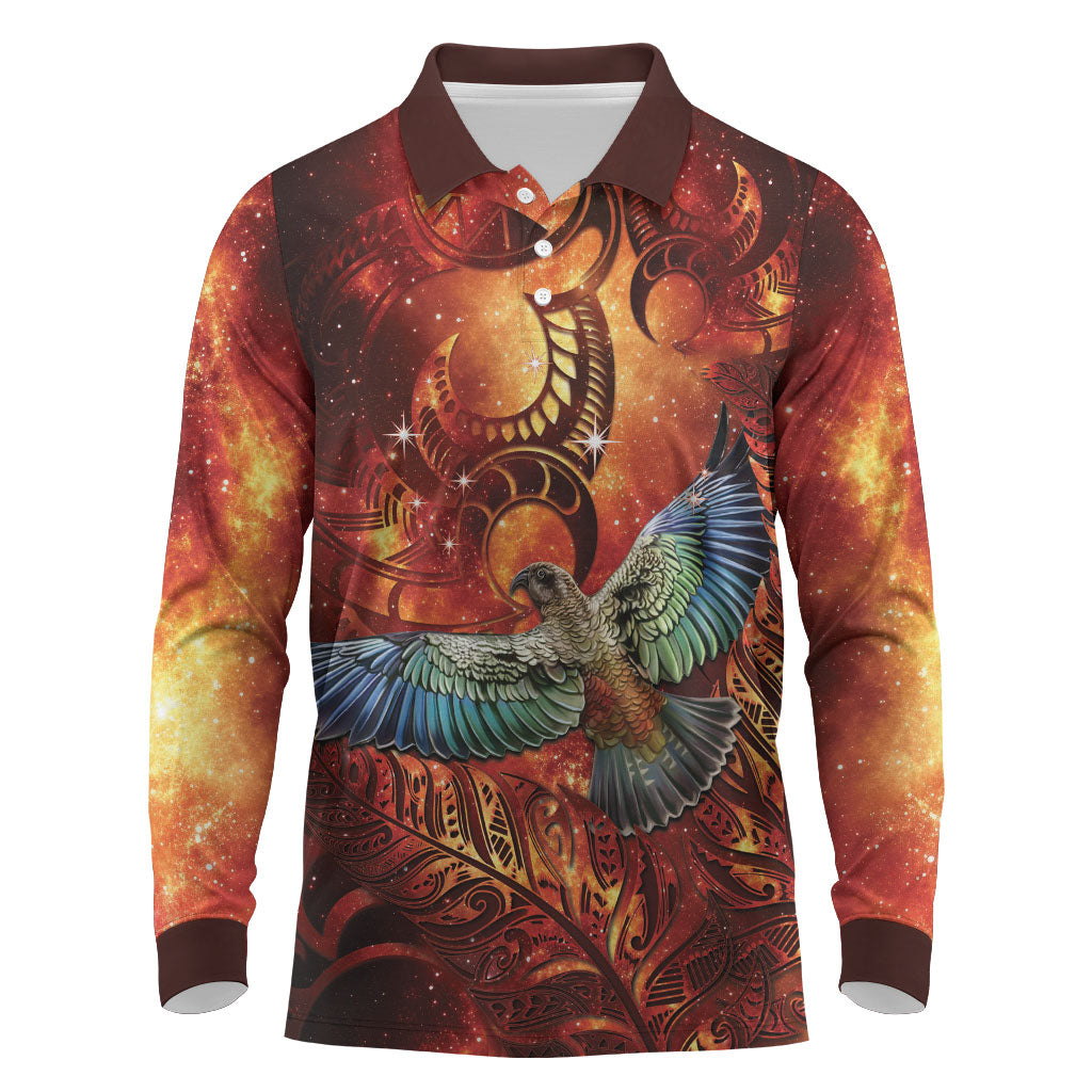 New Zealand Kea Bird Matariki Personalised Long Sleeve Polo Shirt Silver Fern Maori Pattern