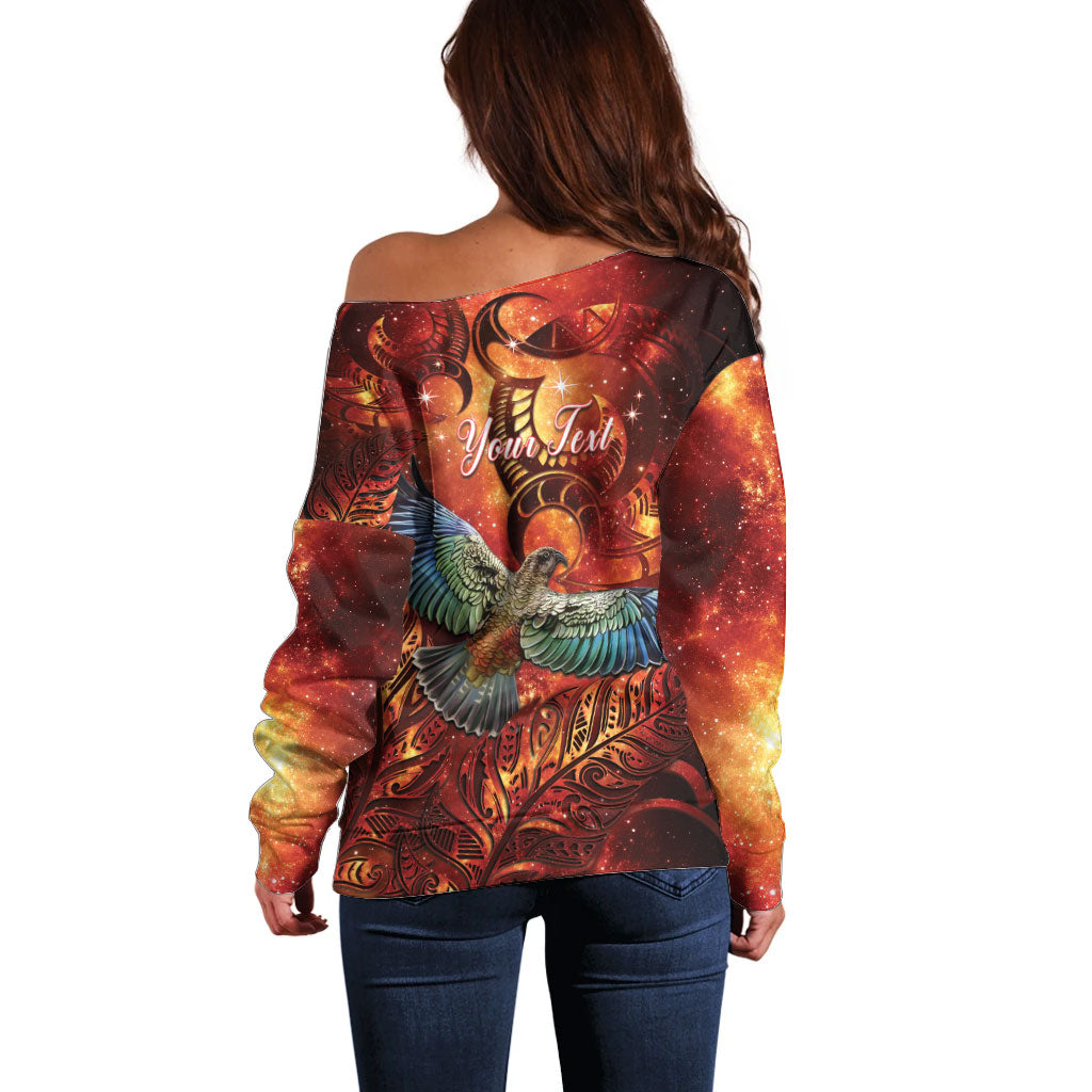 New Zealand Kea Bird Matariki Personalised Off Shoulder Sweater Silver Fern Maori Pattern