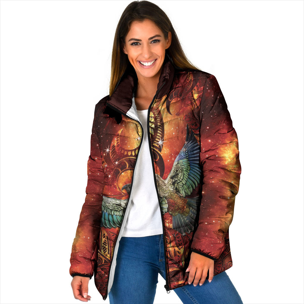 New Zealand Kea Bird Matariki Personalised Padded Jacket Silver Fern Maori Pattern LT22 Women Orange - Polynesian Pride